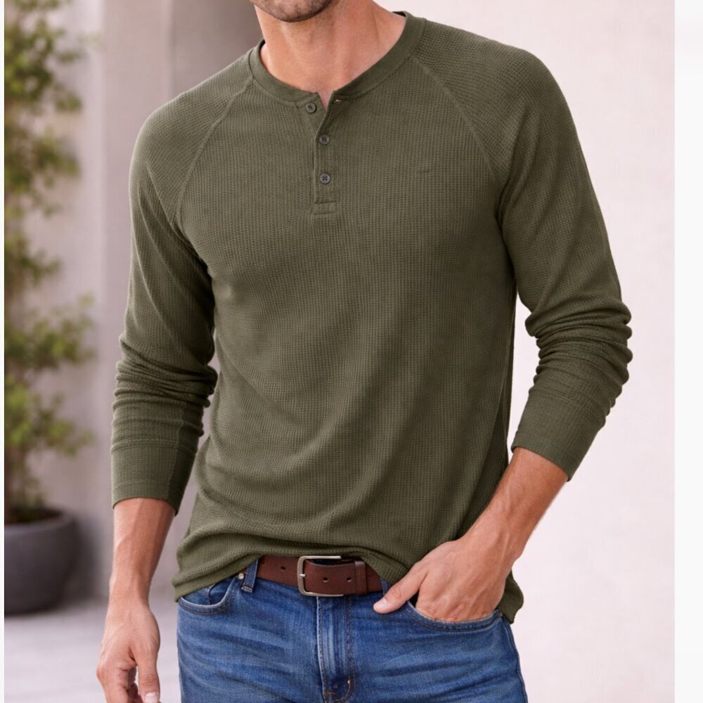 Sun + Stone Size L Olive Waffle Knit Henley Long Sleeve Casual Shirt